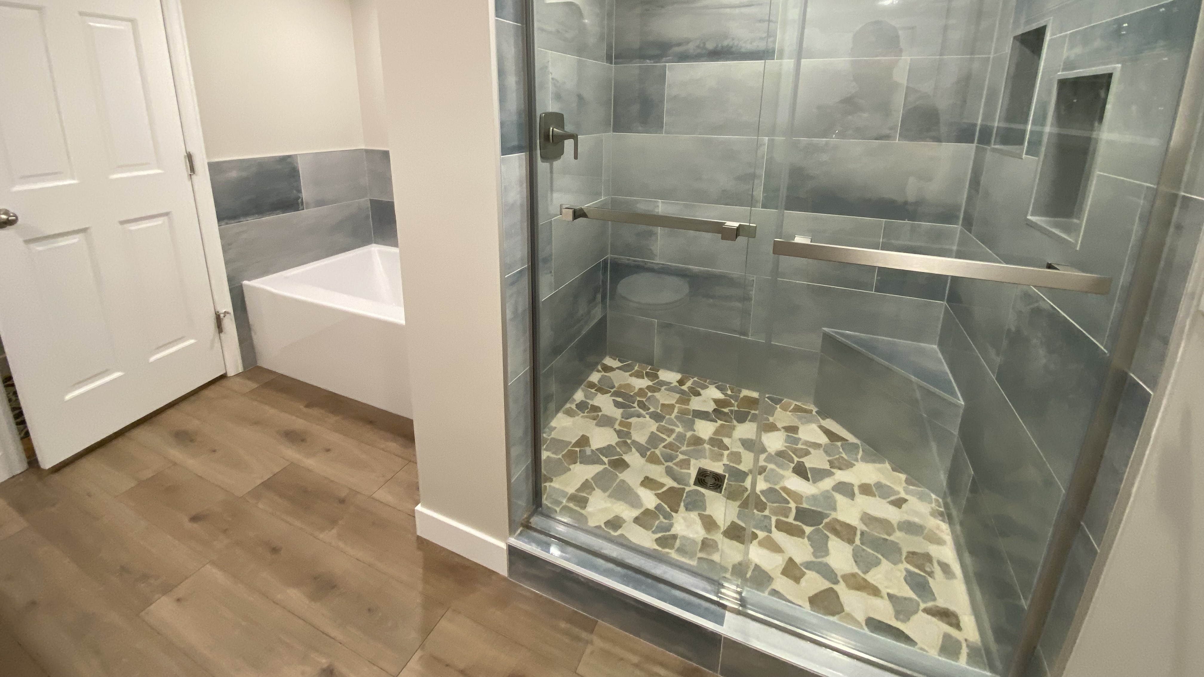 12&quote;X36&quote; (Ora Beach Blue) tile, Java Rock floor pan, 8mm glass panels w/ brushed nickel